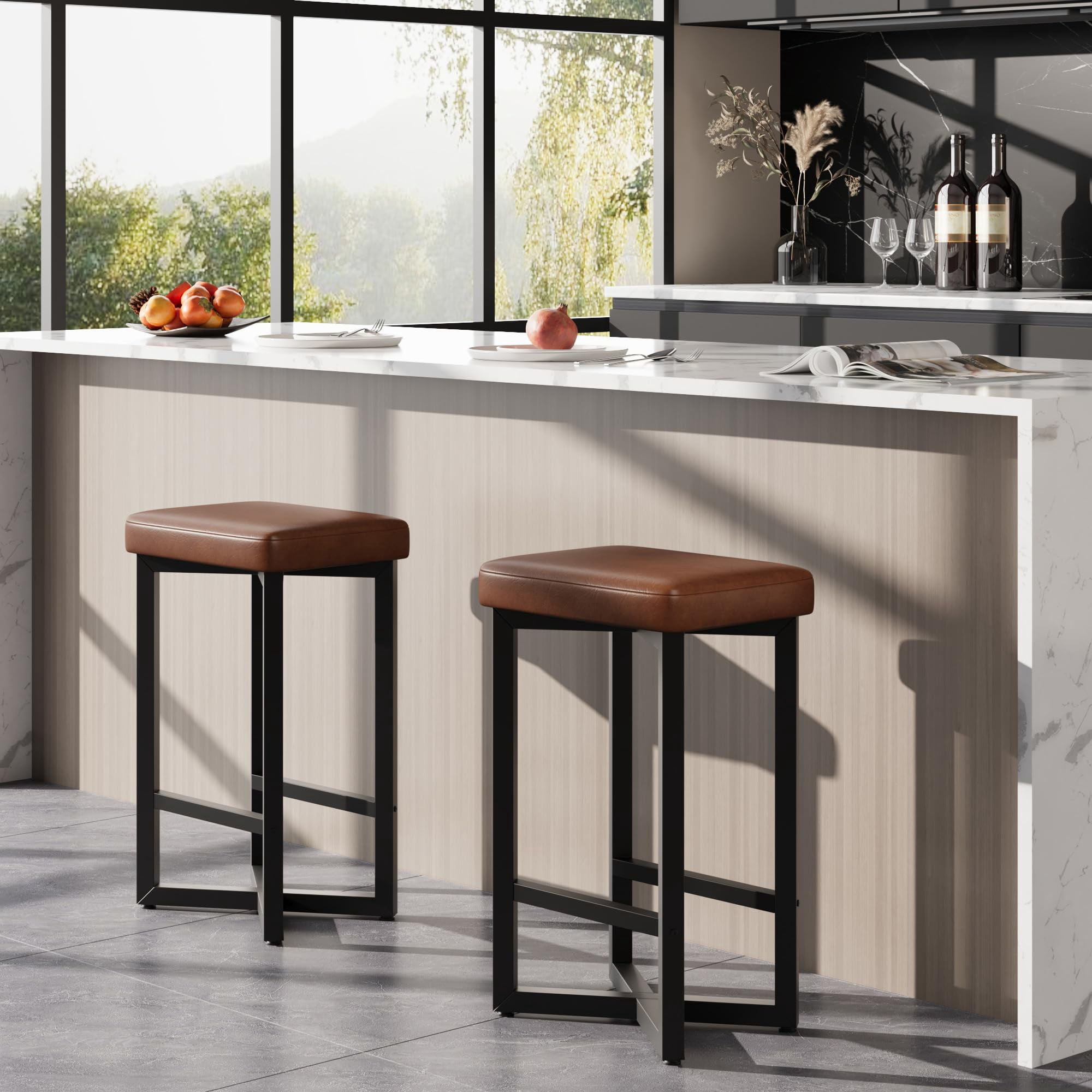 Bar Stools Set of 2, 24.6" Upholstered Counter Height Bar Stools with Metal Frame & Footrest, Modern Backless Kitchen Barstools with PU Leather for Home Bar, Dining Room, Brown
