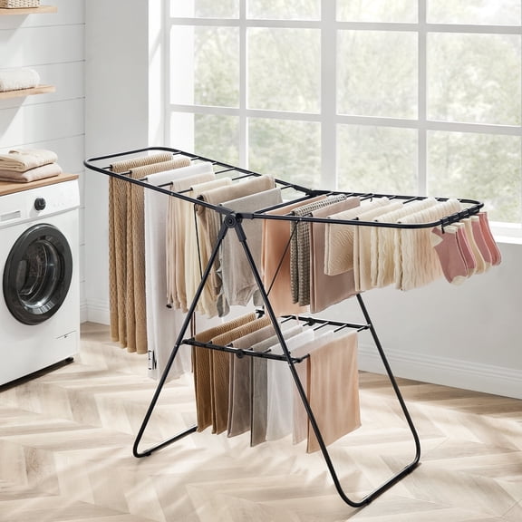 Étendoir à Vêtements Pliable avec Pinces à Chaussettes Étendoir à Linge avec Ailes de Mouette à Hauteur Réglable Noir
