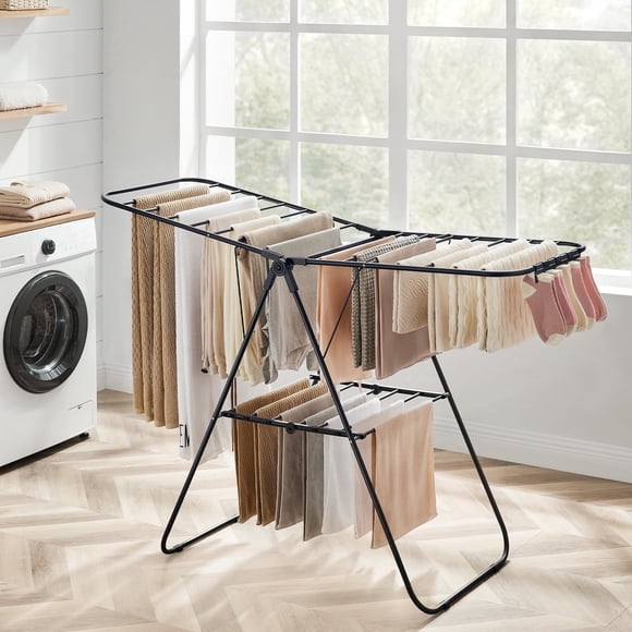 Foldable Clothes Drying Rack with Sock Clips Laundry Drying Rack with Height-Adjustable Gullwings Black