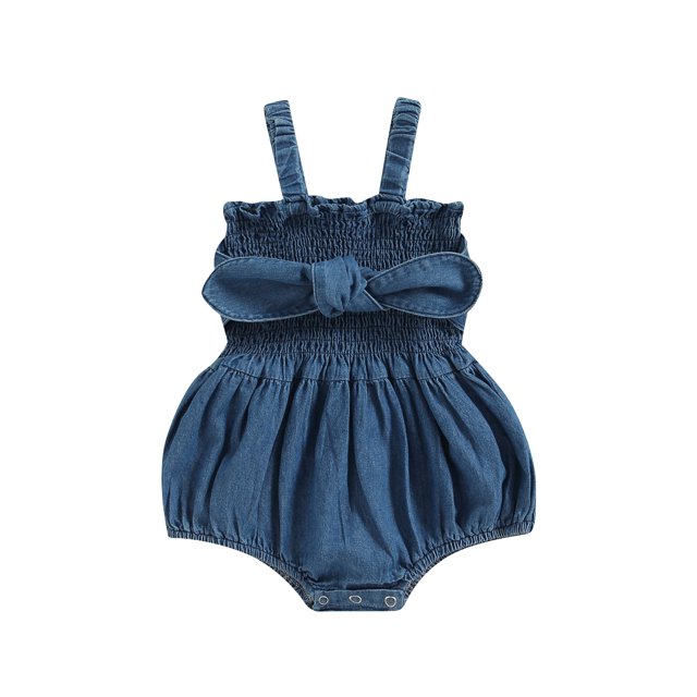 Gupgi Infant Girl Denim Romper Solid Color Bowknot Ruched Sleeveless Sling Bodysuits