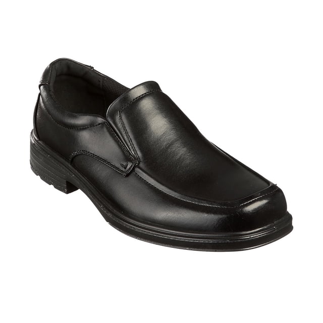 GEORGE MEN'S SLIP ON DRESS SHOE with black leather-like upper, elastic twin gore sides, loafer style silhouette, and rubber outsole, shown in a 3/4 angled view on white background, suitable for men's casual and dress wear.