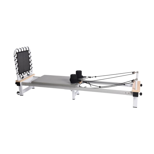 AeroPilates Precision Series Reformer 610 avec Plateforme Grise Rembourrée, Cadre en Aluminium, Barre de Pied Ajustable et Quatre Ressorts de Résistance en Acier sur Cordons pour Exercices de Pilates Reformer et Entraînements cardio à Faible Impact.