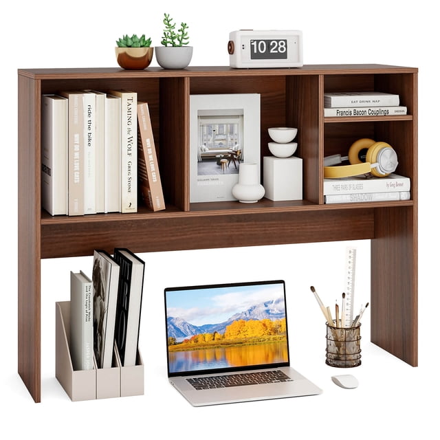 Costway Computer Desktop Bookcase Countertop Storage Bookshelf Organizer with 4 Cubbies Walnut