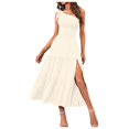 thumbnail image 1 of Kcodviy Femmes 2025 Été Décontracté Robes Décontractées pour Femmes une Épaule Sans Manches Robe Smockée une Femme Taille Élastique à Volants Midi Longue Maxi Robes pour Femmes Robe, 1 of 4