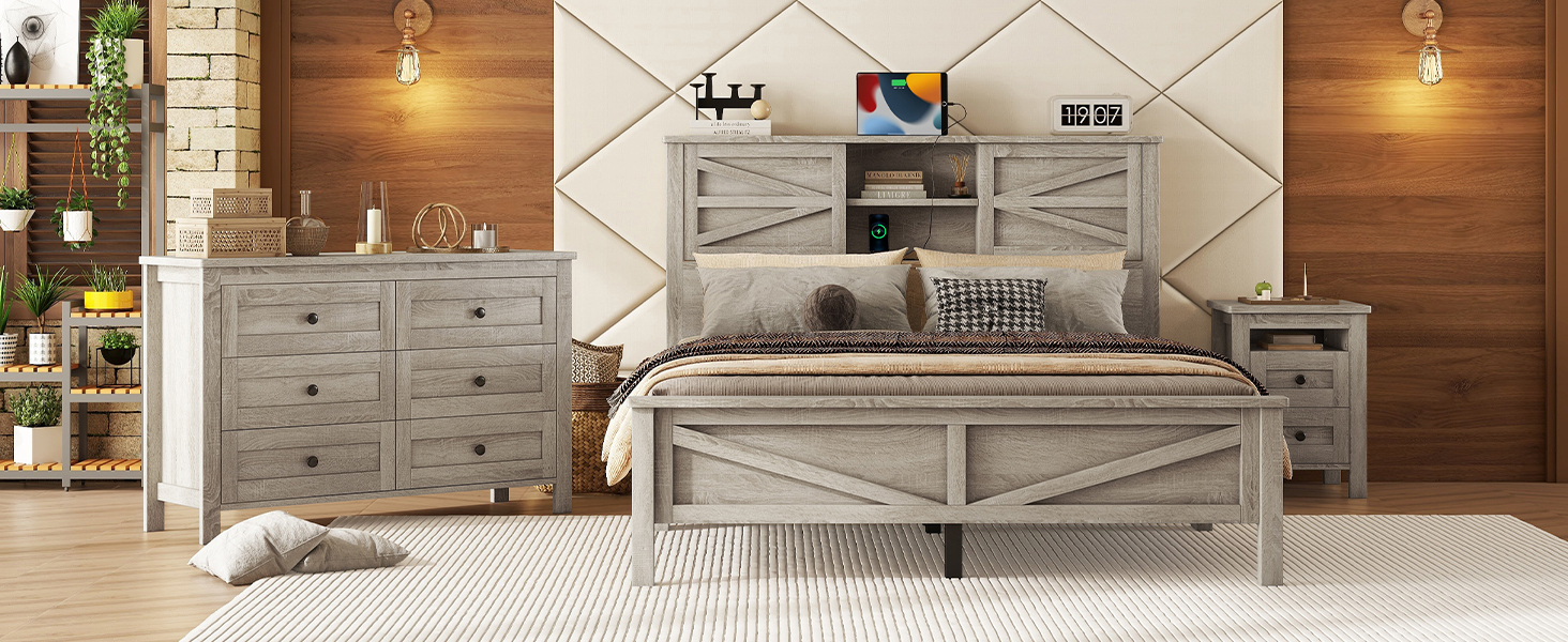 Ensemble de chambre 3 pièces Noble House : lit plateforme de style ferme, grand lit, gris antique