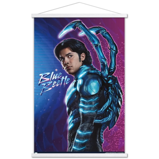 DC Comics Movie Blue Beetle - Jaime Reyes Wall Poster, 22.375" x 34", depicting Blue Beetle in a glowing blue armored suit with mechanical beetle limbs extending from his back, set against a purple and blue gradient background with the Blue Beetle logo on the left, ideal for home or office wall decor.