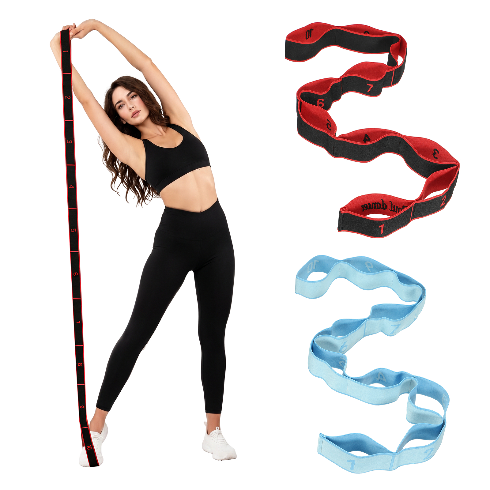 Fitness Resistance Bands, 10-Section Number Stretch Resistance Band, Elastic Stretch Strap with Handles 2 Pcs & Red/Light Blue - Fitting for (Full Body Training/Yoga)