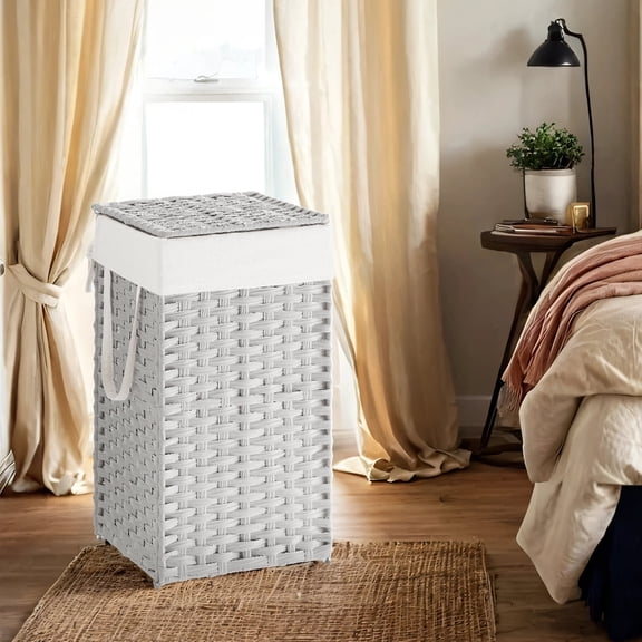 Panier à Linge Pliable avec Doublure Amovible et Couvercle, Panier en Rotin Synthétique de 17,2 Gallons (65 L), Poignées, Gain de Place pour Chambre, Salle de Bain, Blanc Nuage