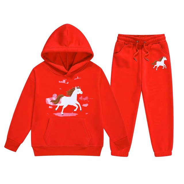 PMVFHDE Ensembles d'Hiver pour Filles, Chandail à Capuchon et Pantalons de Jogging à Imprimé de Cheval de Dessin Animé avec Cordon et Poche, Style Ranch, Manches Longues, Rouge, 8-9 Ans
