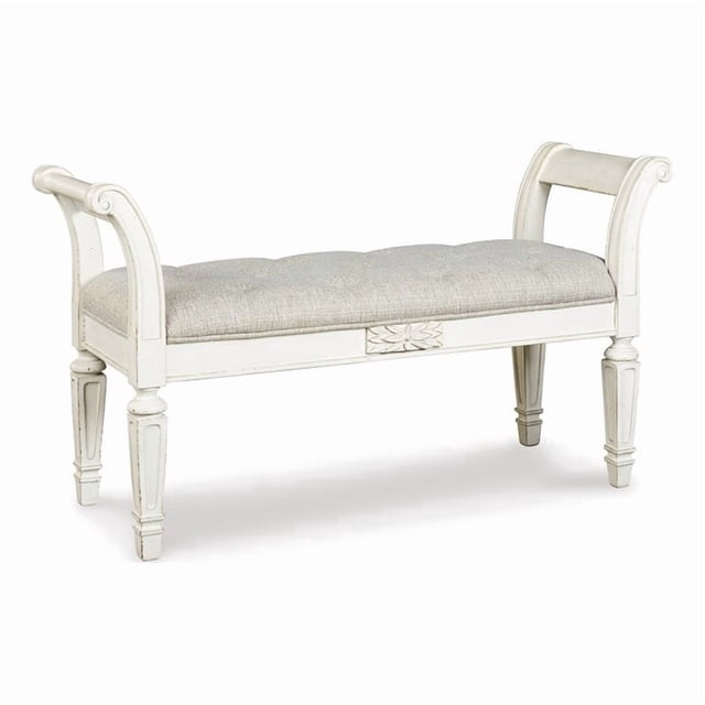Ashley Realyn Tufted Bench with Scrolled Arm in Antique White