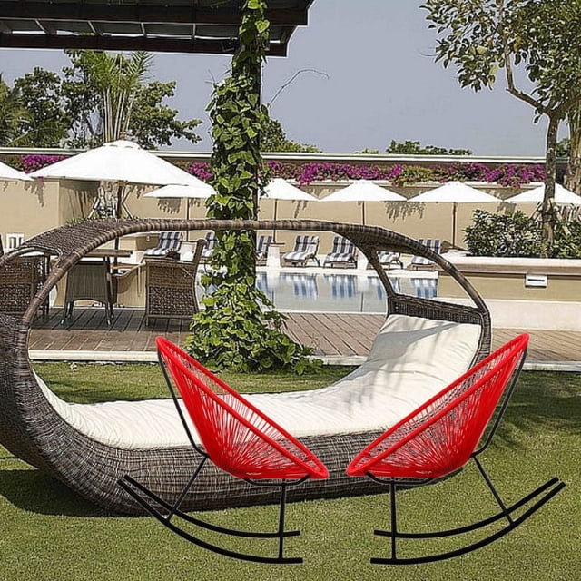 Costa Rocker Lounge Chair in Red, Wire Lounge Chair, Plastic Lounge Chair, Beach Lounge Chair, Indoor-Outdoor Lounge Chair,Hammock Weave,Rattan,Weather resistance Patio Lounge Chair, Oval Lounge Chair