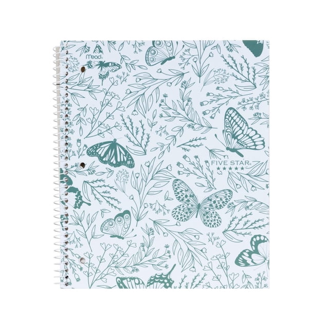 Five Star 3 Subject Butterflies Notebook 240 Pages with a white plastic front cover featuring teal butterfly and botanical line art, spiral bound with reinforced holes and spiral lock wire binding, containing ruled pages, pocket dividers, and durable covers for organized note-taking and study.