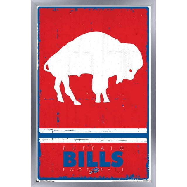 NFL Buffalo Bills - Retro Logo 15 Wall Poster with a centered white buffalo silhouette on a distressed red background featuring two white horizontal stripes and bold blue 'BUFFALO BILLS FOOTBALL' text with the team's charging buffalo logo below. Printed on glossy poster paper, suitable for sports-themed home décor or fan rooms.