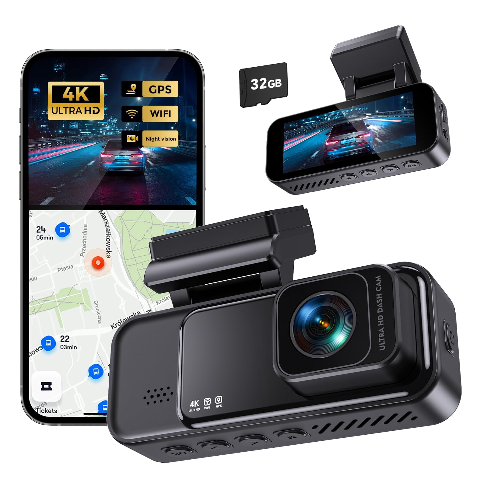 COOLCRAZY 4K Dash Cam Front, Built-in WiFi GPS, Dash Camera for Cars, 3.2" IPS Screen Dashcam with App Control, Free 32G Card, 170&deg;Wide Angle, 24