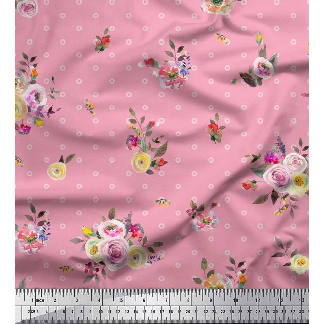 Soimoi Orange Poly Georgette Fabric Leaves,Small Circle & Floral Print Fabric by The Yard 42 Inch Wide