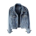 thumbnail image 3 of Veste en Jean pour Femme, Veste Courte en Denim Brodée à Rivets et Perles, Manteau Bleu TTTG, 3 of 7