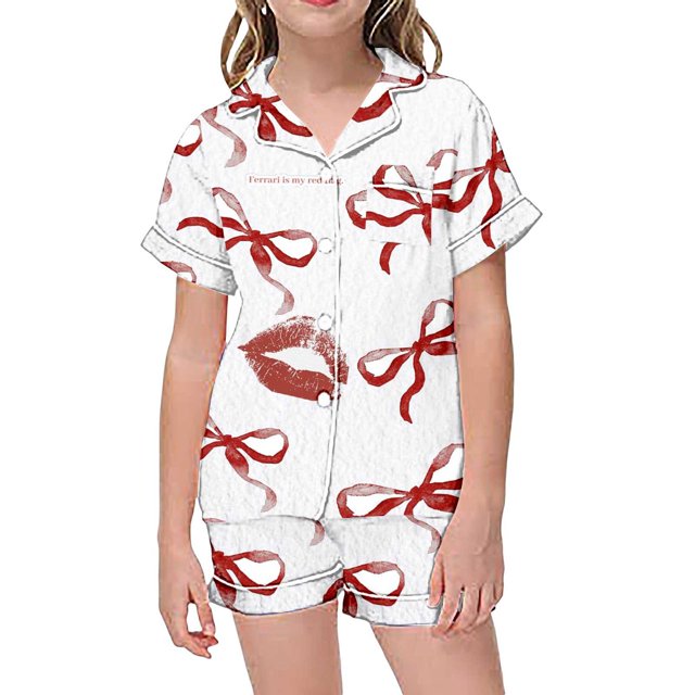 Ensemble de Pyjama pour Filles Imprimé Manches Courtes Chemises Boutonnées Ensemble Pyjamas Mode pour Filles Ensemble Pyjamas pour Garçons Taille 4-5 Ans Garçons Filles Mode