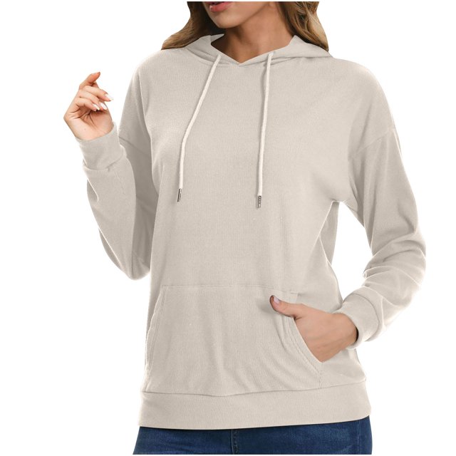 Swstbby Liquidation d'Automne! Hauts d'Automne pour Femmes Grande Taille, Chandail à Capuche à Manches Longues Col Rond Couleur Unie Beige TTG