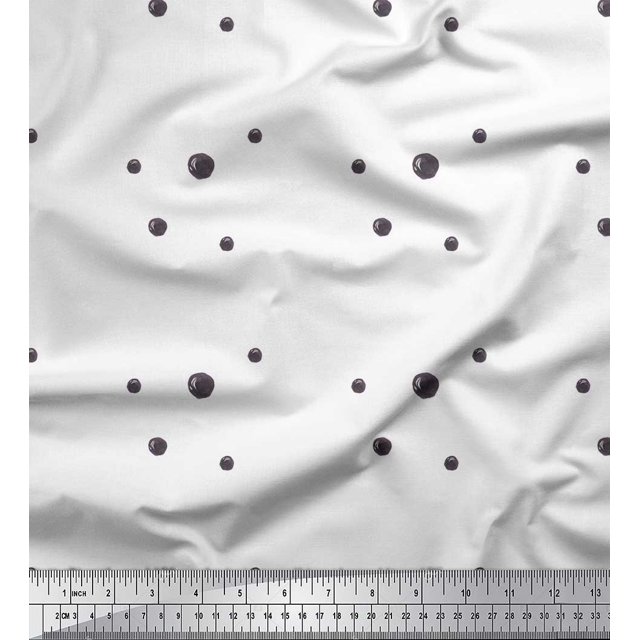 Soimoi White polyester Crepe Fabric Brush Stroke & Dots Abstract Decor Fabric Printed Yard 52 Inch Wide