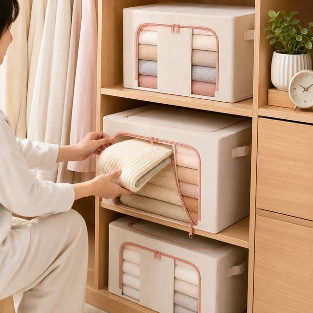 Linnome Foldable Linen Storage Box with Clear Window and Handles Stackable Organizer Bin for Closet 15.75x11.81x7.87 Inch