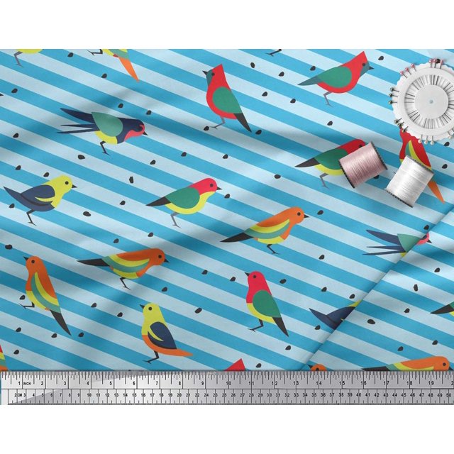 Soimoi Blue polyester Crepe Fabric Stripe & Bird Print Sewing Fabric Yard 52 Inch Wide