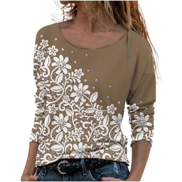 Machine d'Impression de T-Shirts Mode Femmes Décontracté Impression Col Rond Manches Longues T-Shirt Ample Blouse d'Automne Chandail Hauts