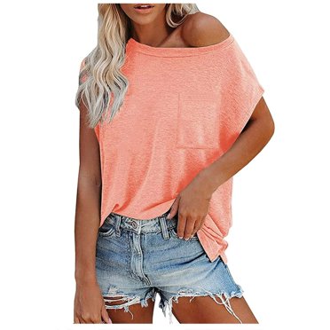 T-Shirt à Manches Courtes Femme Couleur Unie Femme Décontracté Ample Couleur Unie Poche Poitrine Blouse à Manches Courtes Hauts T-Shirt