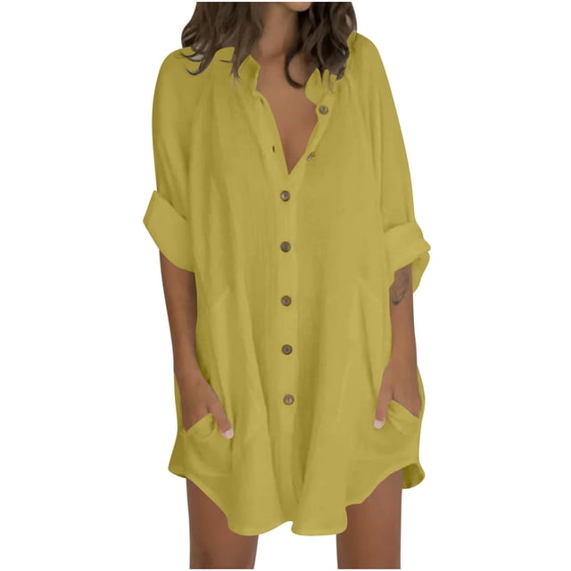 Timegard Chemises pour Femmes en Coton et Lin à Boutons, Col à Revers, Blouse à Manches 3/4, Hauts d'Automne avec Poches