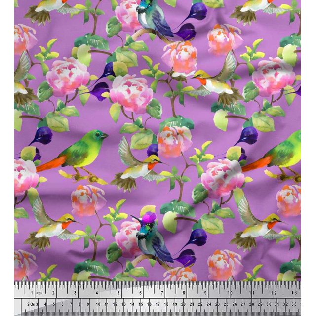 Soimoi Cotton Cambric Fabric Leaves,Floral & Hummingbird Bird Fabric Prints By Yard 42 Inch Wide