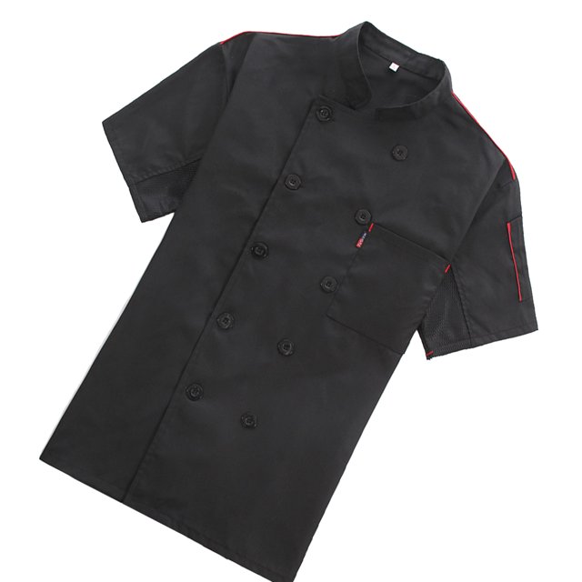 Chef Coat Short Sleeve with Buttons Pockets Cook Jacket Chic Cooking Work Wear Uniform Costume for Restaurant Hotel Cafe Kitchen Black L