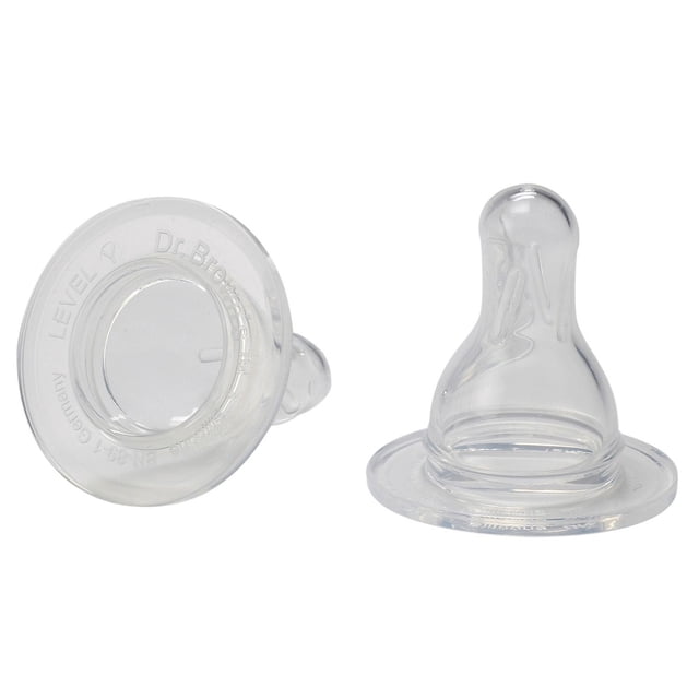 Dr. Brown's Standard Silicone Nipple Y Cut 2-Pack with two clear, super-soft silicone nipples featuring a Y-cut design and wide flange, compatible with Dr. Brown's narrow bottles for feeding thicker liquids with consistent flow and anti-colic venting to reduce colic symptoms.