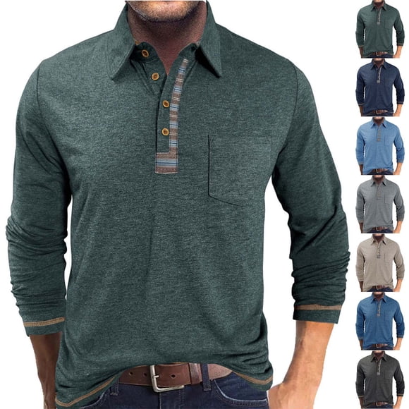 DDAPJ pyju Men's Long Sleeve Polo Shirt Business Casual Polos Regular Fit Plaid Collar Golf Shirts with Chest Pocket Navy XXXL