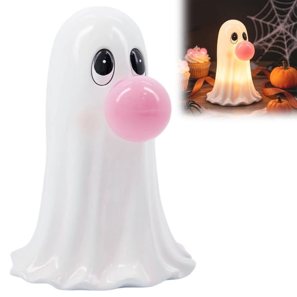 CaiYueKe Cute Ghost Halloween LED Night Light, Ghost Lamp with Chewing Gum Design, Warm Glow Table Decor for Bedroom Shelf Mantel Party Holiday Gift Home