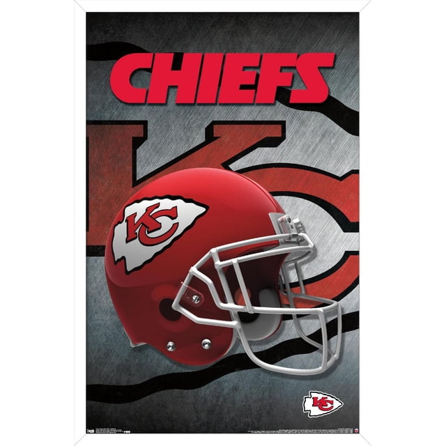 NFL Kansas City Chiefs - Helmet 16 Wall Poster, 22.375" x 34" featuring a side-profile view of a red football helmet with a white facemask and the Chiefs arrowhead logo in red and white, set against a metallic textured background with a large faded KC logo and bold red CHIEFS text, printed on glossy poster paper ideal for sports fan room decor.