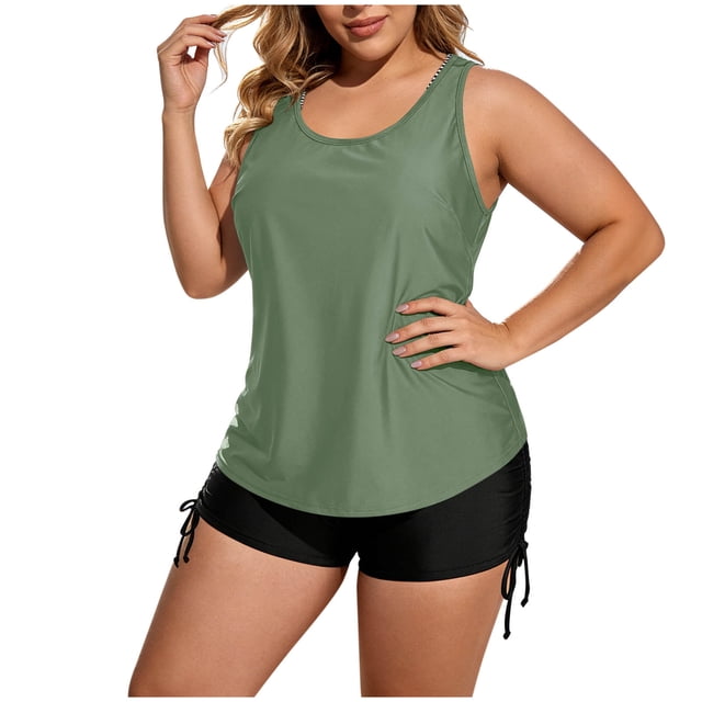ShomPort Womens Swim Set 3 Piece Tankini Top and Swim Bra with Side Drawstring Boy Shorts Swimsuits