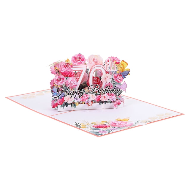 Uxcell 70th Birthday Card featuring a 3D pop-out flower bouquet with butterflies and the number '70th' prominently displayed. The card is crafted from paper and includes intricate floral designs in vibrant pink, yellow, and green tones. The greeting card measures 18x13 cm (7x5.1 inches) and comes with a blank card for personalized messages and an envelope measuring 18.5x13.5 cm (7.3x5.3 inches).