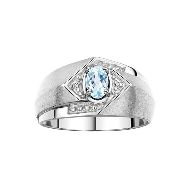 RYLOS Mens Rings Sterling Silver Ring 6X4MM Oval Shape Gemstone & Diamond Ring Aquamarine March Birthstone Rings For Man Silver Rings, Size 11