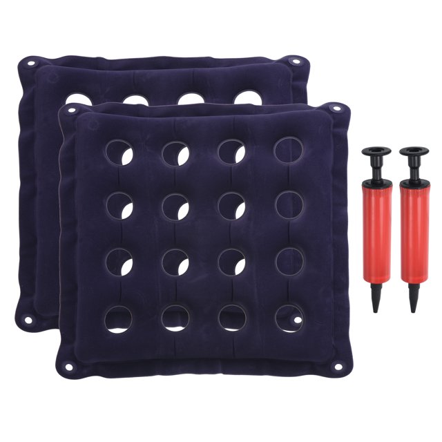 Unique Bargains Inflatable Seat Cushion, Portable Chair Pad Breathable Back Seat Pad, Blue 2 Pack. Two blue inflatable seat cushions with small ring-shaped holes for even weight distribution, made of durable flocked material. Includes two red hand pumps for easy inflation and deflation. Ideal for car seats, office chairs, and travel use.