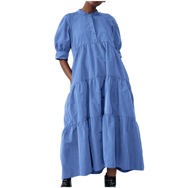 AherBiu Plus Size Maxi Dresses for Women Button up High Neck 1/2 Sleeve Ruched Ruffle Flowy Long Summer Dress