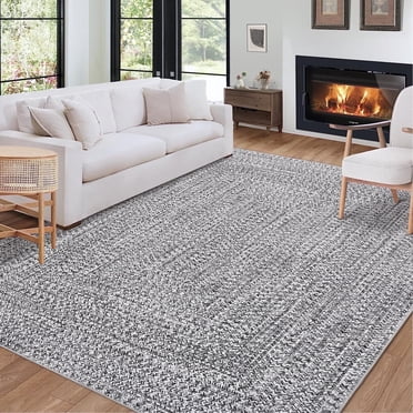 Garvee Tapis de Grande Surface 9'x12 Pieds à Motif Tressé, Tapis d'Intérieur Lavable à la Machine Antidérapant à Poil Ras Style Ferme Uni pour Chambre, Salon, Salle à Manger, Bureau, Gris