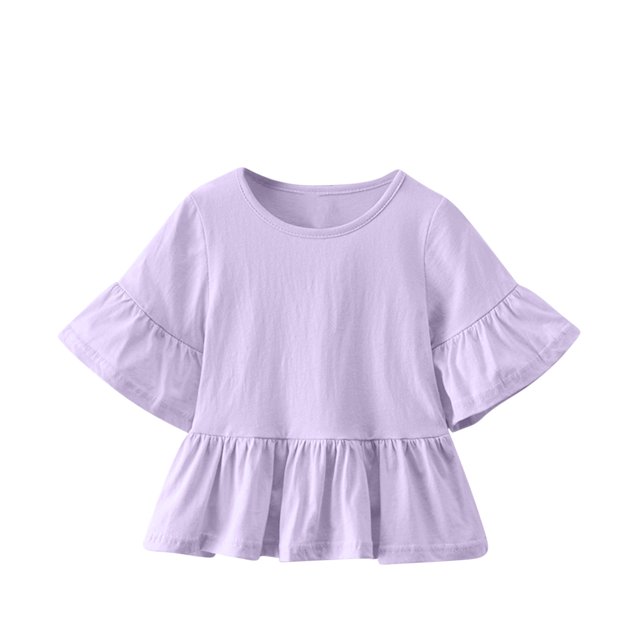 Plebaso Hauts de Robe pour Filles en Coton à Manches Courtes Évasées, Chemises à Volants pour Tout-Petits, Col Rond Décontracté, Blouse Mignonne pour Enfants