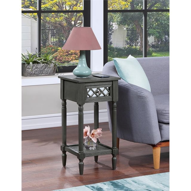 French Country Khloe Deluxe One-Drawer Accent Table with Shelf in Gray Wood