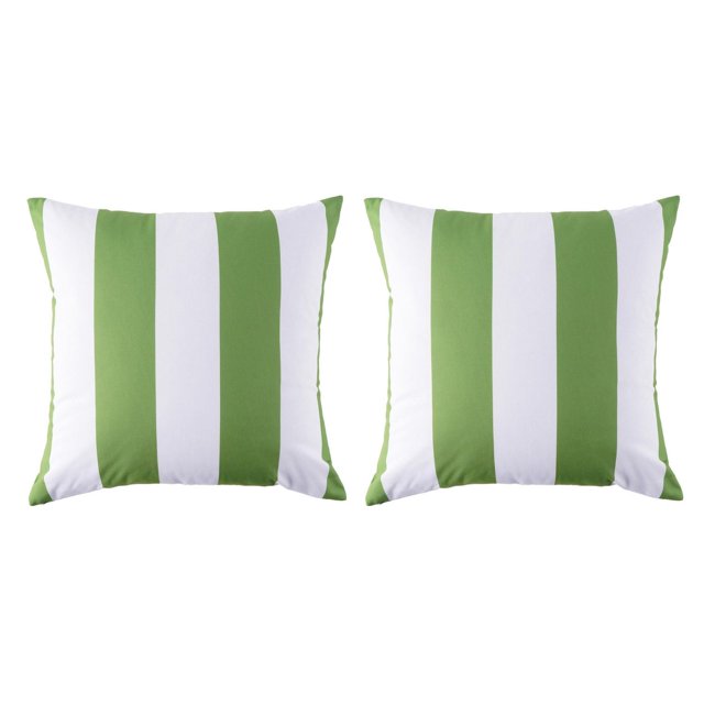 Pair of 18-inch outdoor square cushions featuring green and white vertical stripes in Aqua Cabana style.