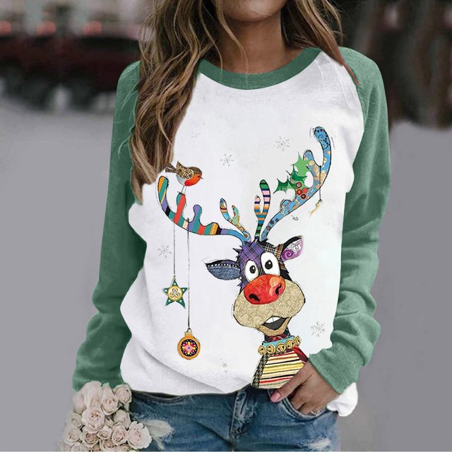 Costumes de Noël en Solde Col Rond Mode Décontractée Manches Longues Chandail en Molleton Imprimé de Noël Blouse Grande Taille pour Femmes