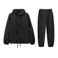 thumbnail image 1 of Long Sleeve Large Pocket Women Outfit Drawstring Hem Solid Color Hooded Sweatshirt Pants Set for Daily Wear, 1 of 8