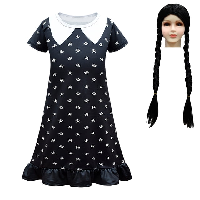 HAWEE Robe de Costume de Wednesday Addams avec Sac pour Enfants, Robe d'Uniforme Noire d'Halloween pour Filles Robe de Costume Addams pour Fête Cosplay