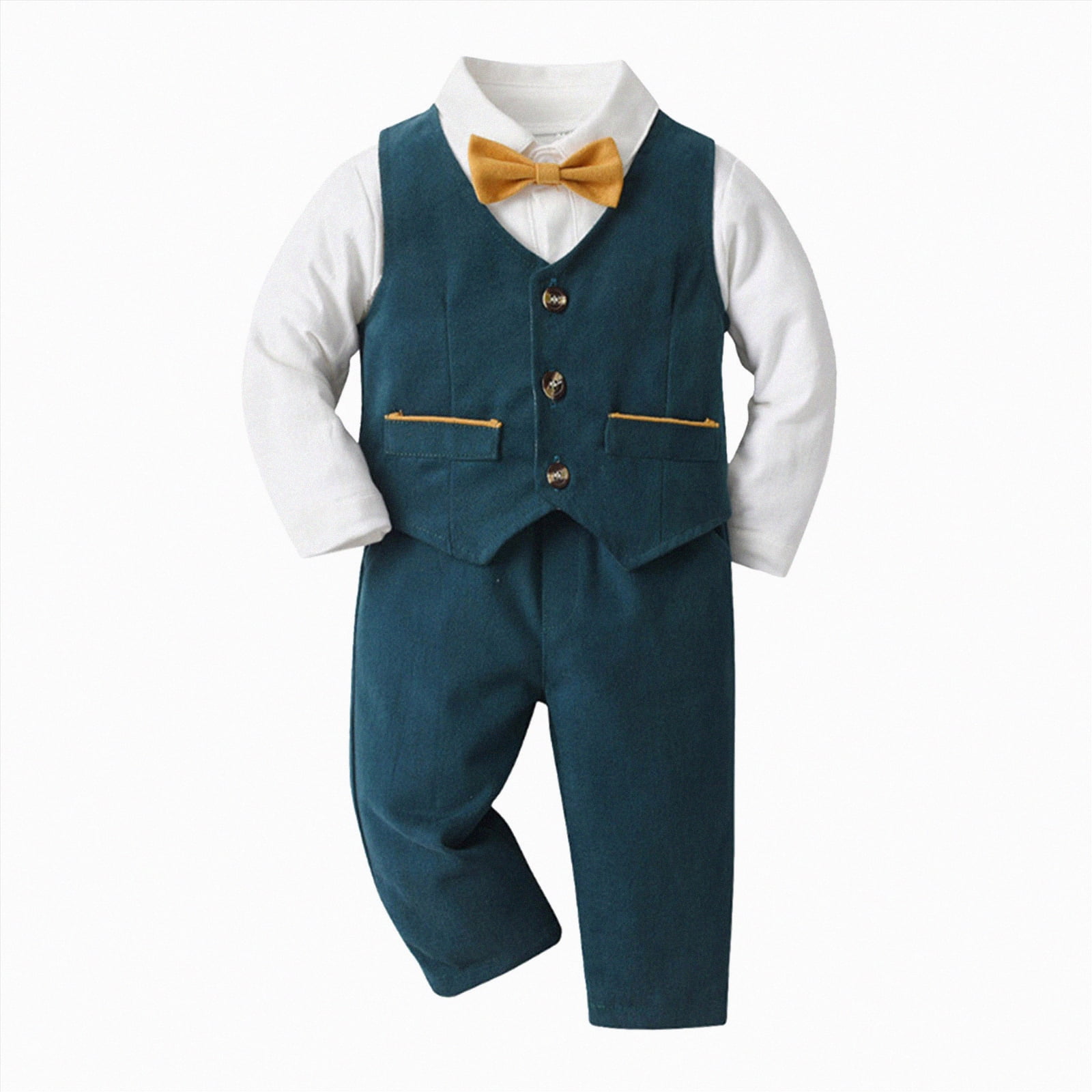 Zanarzt Newborn Infant Gentleman Outfit Boys Long Sleeve Shirt Romper Bodysuit Pants Coat With Tie 4pcs Child Kids Gentleman Outfits Blue,18-24 Months