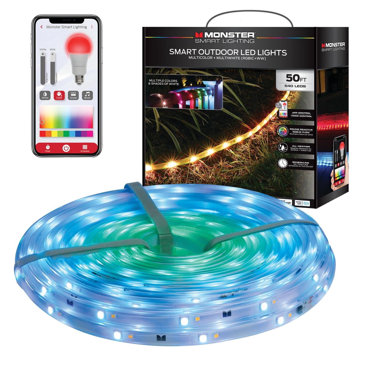 Monster Smart Outdoor LED Strip Lights, 50 ft, RGB+IC, 540 LEDs, Weather‑Resistant, App & Voice Control, Alexa & Google