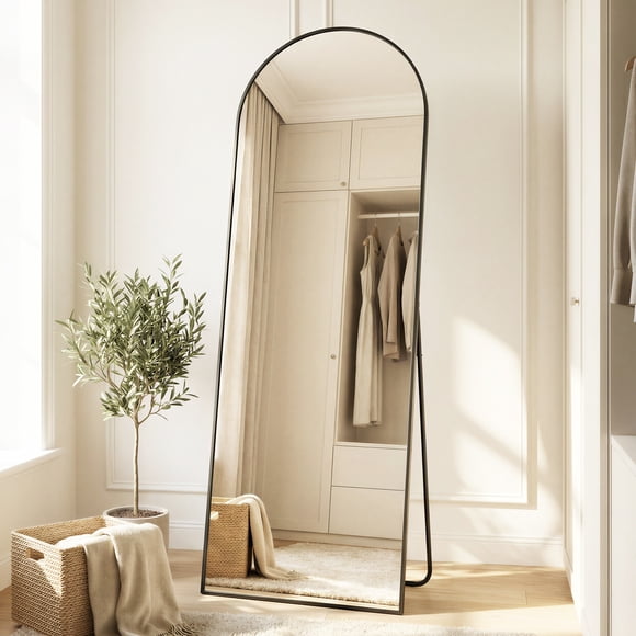 SONGMICS Miroir Pleine Longueur, 63 x 20 Pouces, Miroir Pleine Longueur Arqué avec Support, Cadre en Alliage d'Aluminium, Verre Trempé, pour Chambre, Salon, Vestiaire, Noir Encre Arqué