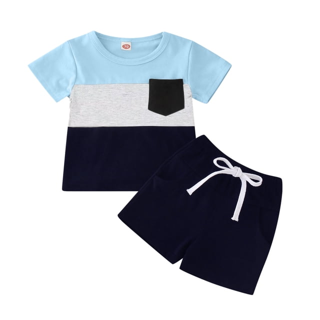 Sunnyoo Boys Patchwork Color Short Sleeve Pocket T Shirt Shorts Outfits Tracksuit